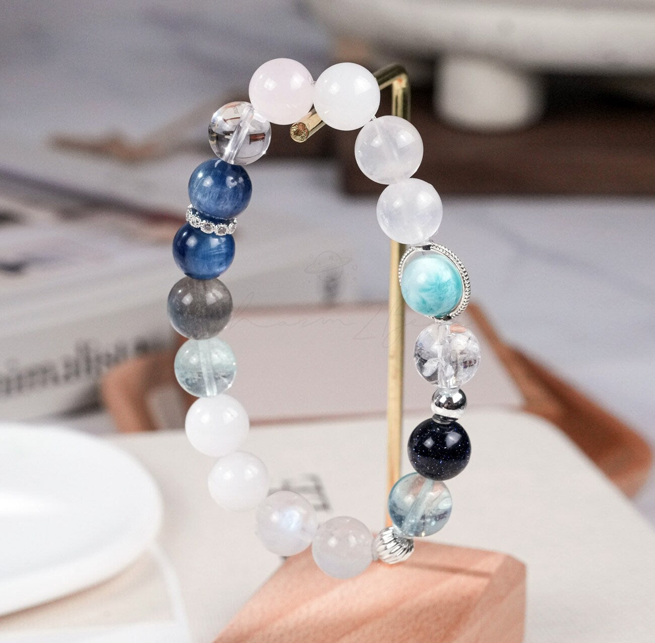 Precious Gemstone Blue & White Larimar, Aquamarine, Moonstone Handmade Original Design Bracelet