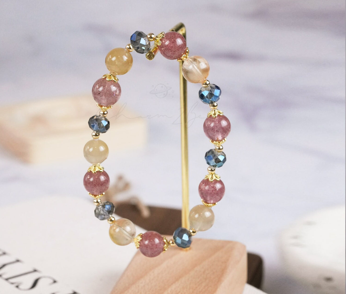 Precious Gemstone Pink, Yellow & Blue Strawberry Quartz, Yellow Rutilated Quartz Handmade Original Design Bracelet