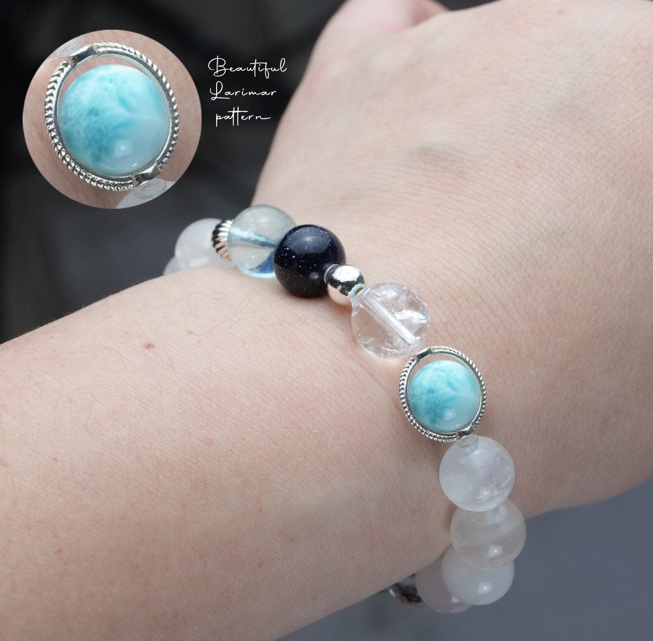 Precious Gemstone Blue & White Larimar, Aquamarine, Moonstone Handmade Original Design Bracelet