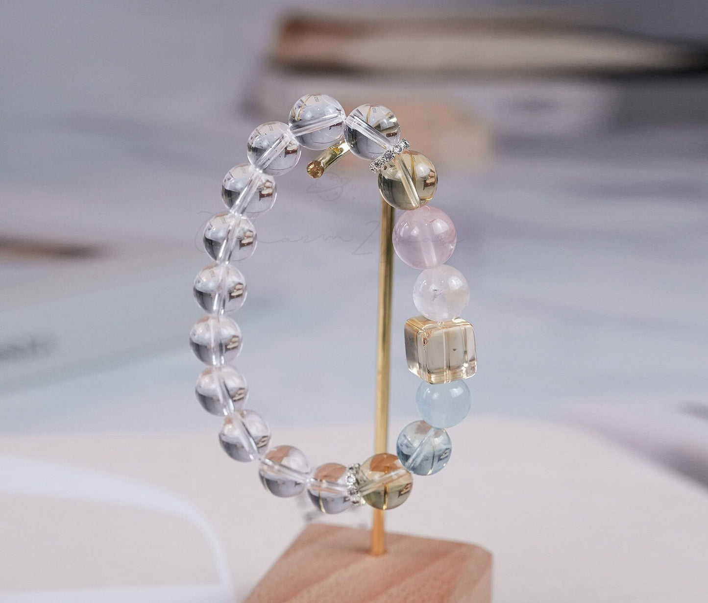 Precious Gemstone Clear Yellow Citrine Quartz, Clear Quartz, Rose Quartz, Aquamarine, Morganite Handmade Original Design Bracelet