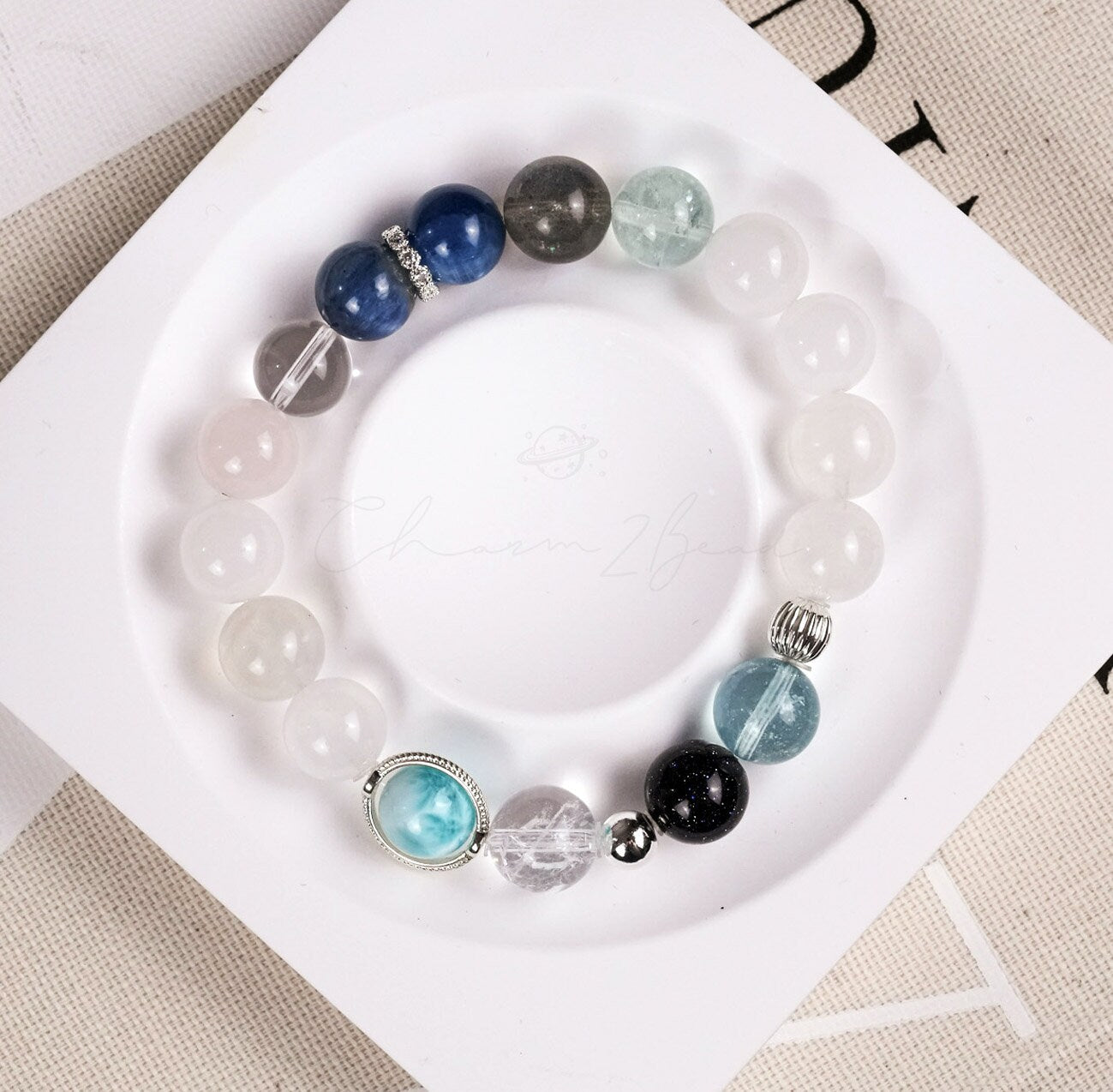Precious Gemstone Blue & White Larimar, Aquamarine, Moonstone Handmade Original Design Bracelet