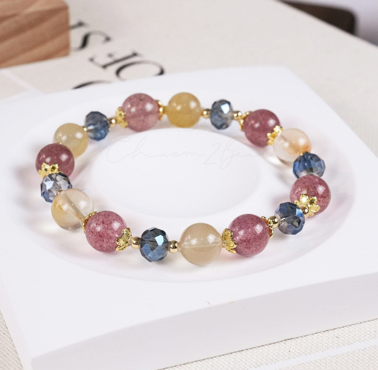 Precious Gemstone Pink, Yellow & Blue Strawberry Quartz, Yellow Rutilated Quartz Handmade Original Design Bracelet