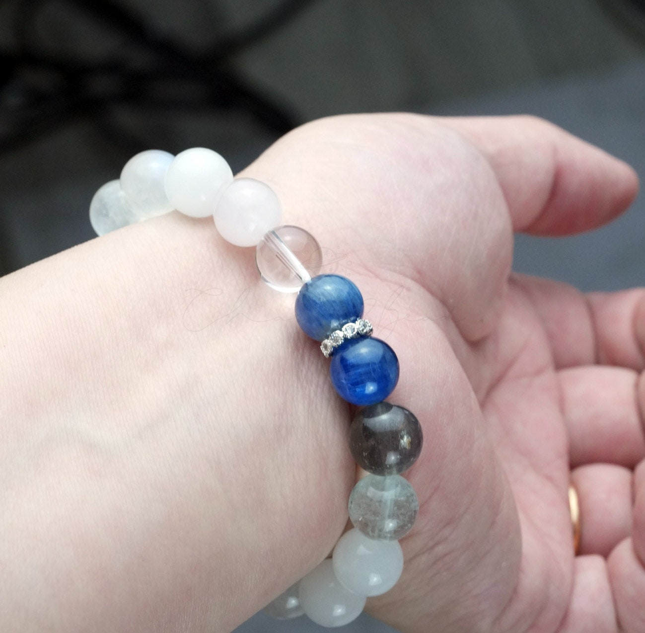 Precious Gemstone Blue & White Larimar, Aquamarine, Moonstone Handmade Original Design Bracelet