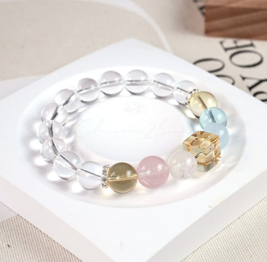 Precious Gemstone Clear Yellow Citrine Quartz, Clear Quartz, Rose Quartz, Aquamarine, Morganite Handmade Original Design Bracelet