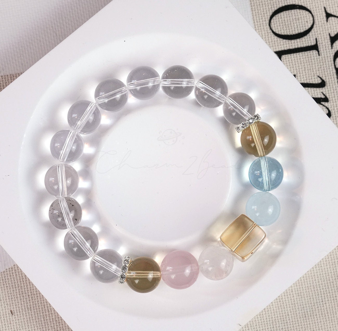 Precious Gemstone Clear Yellow Citrine Quartz, Clear Quartz, Rose Quartz, Aquamarine, Morganite Handmade Original Design Bracelet