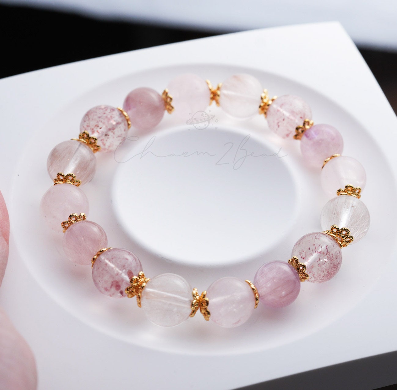 Precious Gemstone Pink & Gold Rose quartz, Strawberry Quartz, Azeztulite, Rutilated Quartz Handmade Original Design Bracelet