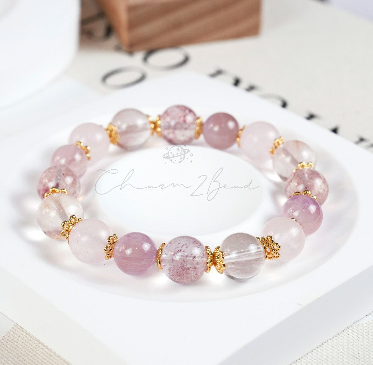 Precious Gemstone Pink & Gold Rose quartz, Strawberry Quartz, Azeztulite, Rutilated Quartz Handmade Original Design Bracelet