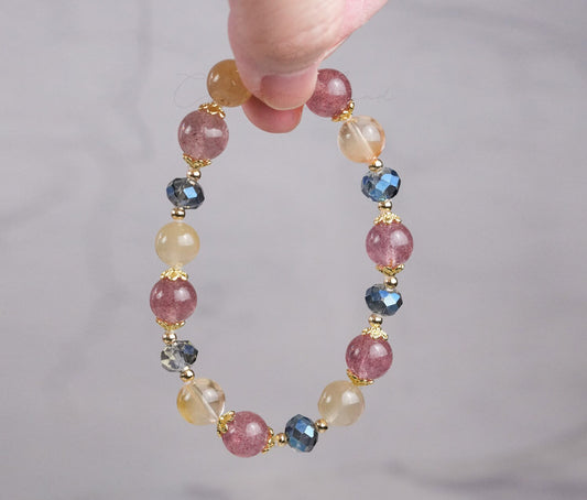Precious Gemstone Pink, Yellow & Blue Strawberry Quartz, Yellow Rutilated Quartz Handmade Original Design Bracelet