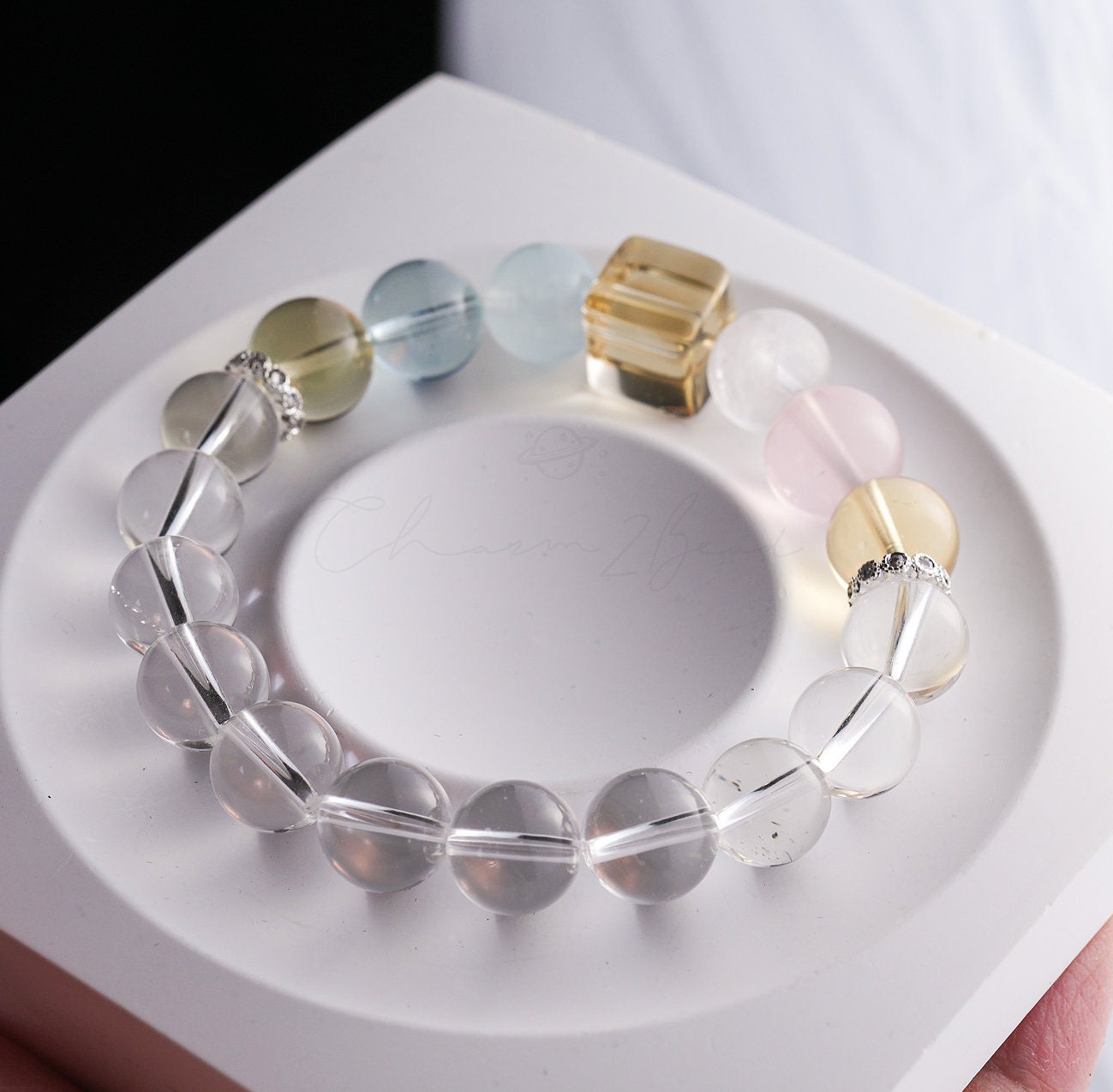 Precious Gemstone Clear Yellow Citrine Quartz, Clear Quartz, Rose Quartz, Aquamarine, Morganite Handmade Original Design Bracelet