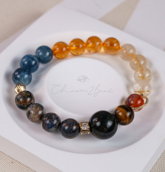 Precious Gemstone Blue & Yellow Citrine,  Hematoid, Tiger's Eye, Rutilated Handmade Original Design Bracelet