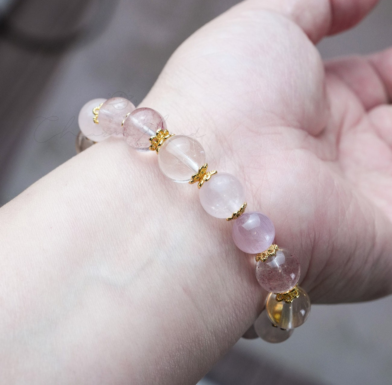 Precious Gemstone Pink & Gold Rose quartz, Strawberry Quartz, Azeztulite, Rutilated Quartz Handmade Original Design Bracelet