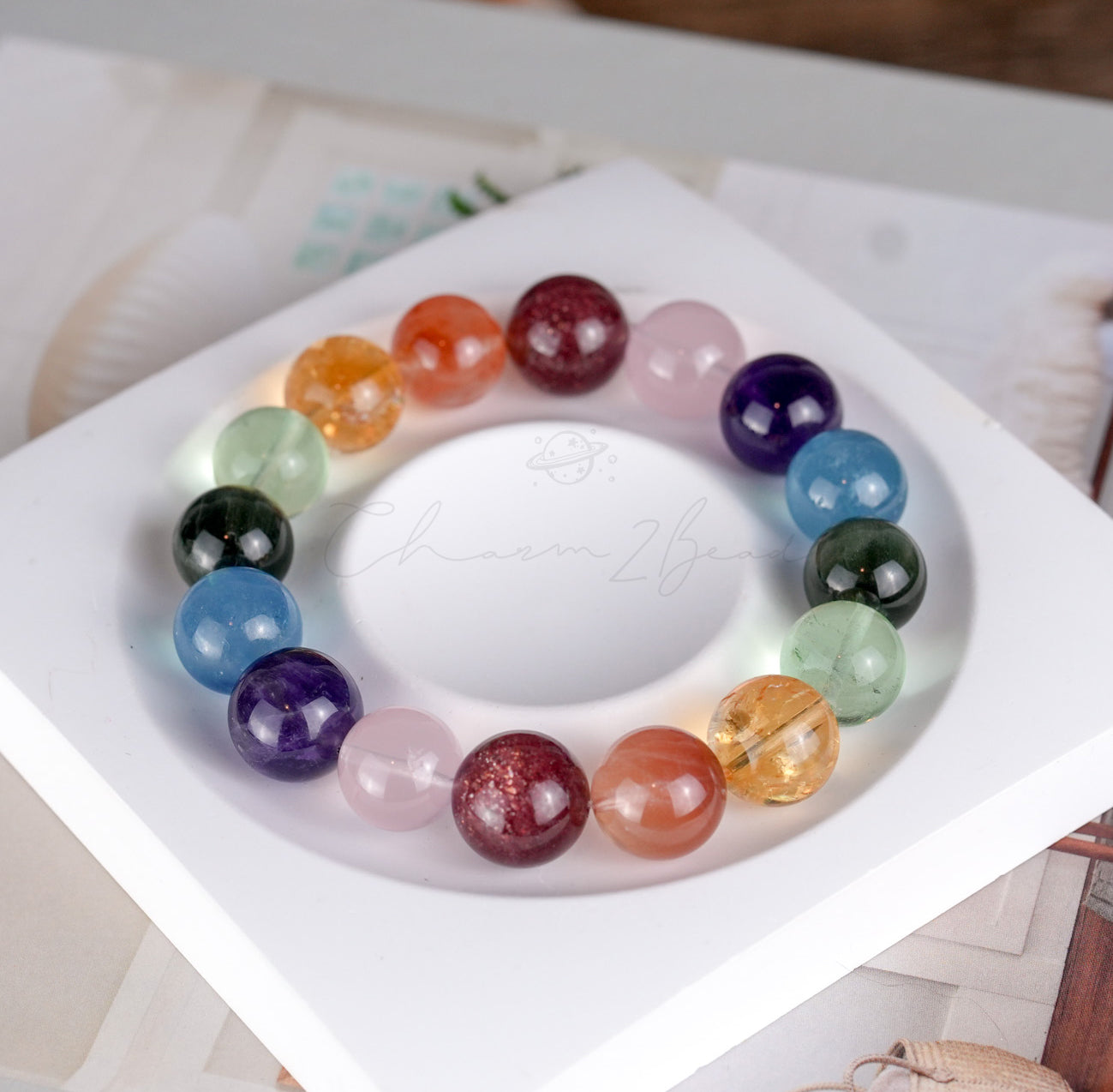 Ultra Rare Quality AAA 13mm Healing Bracelet Rainbow Color, Amethyst, Citrine Quartz, Rose Quart, Aquamarine Handmade Original Design