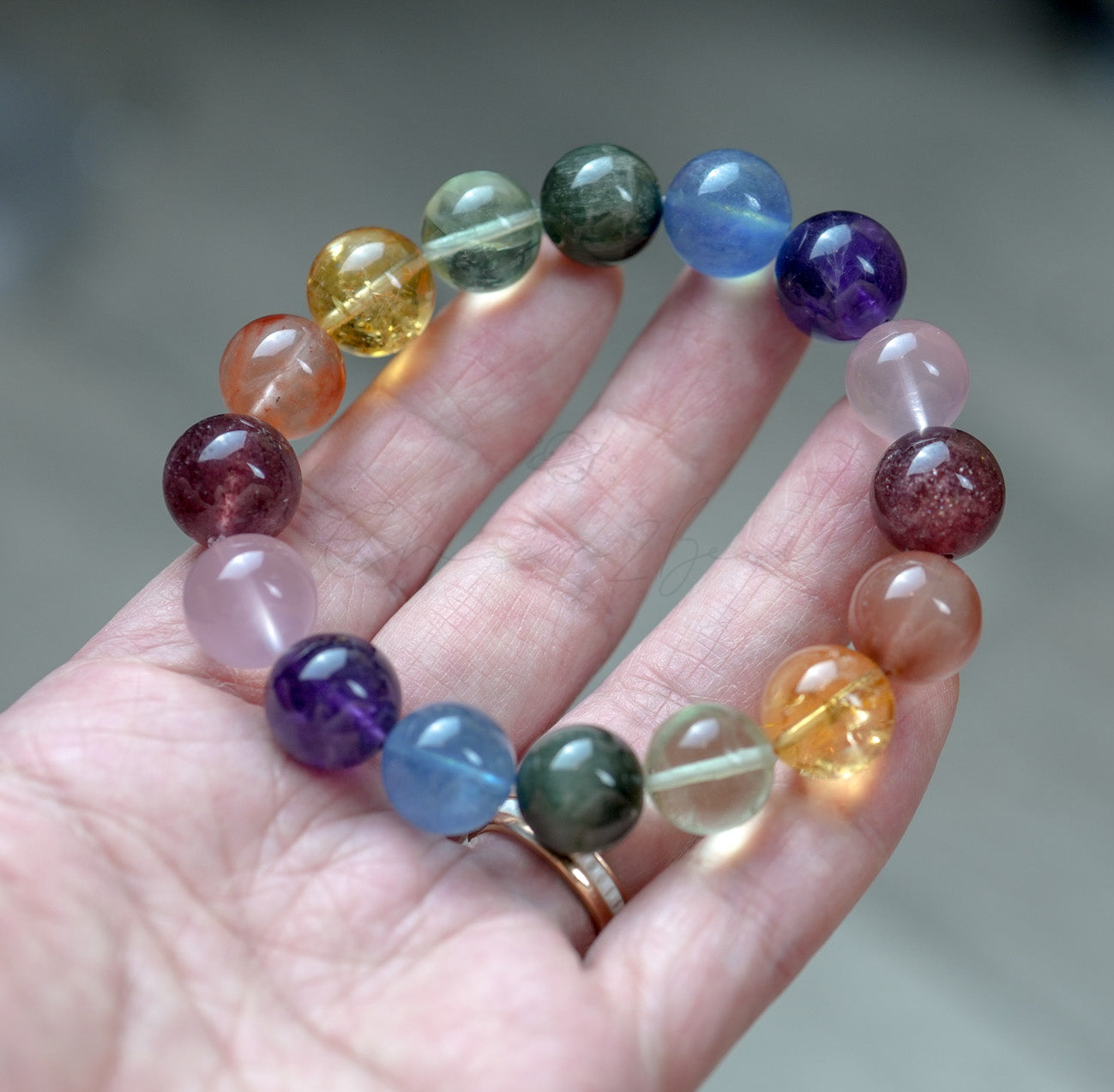 Ultra Rare Quality AAA 13mm Healing Bracelet Rainbow Color, Amethyst, Citrine Quartz, Rose Quart, Aquamarine Handmade Original Design