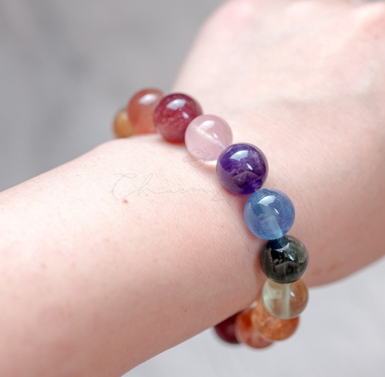 Ultra Rare Quality AAA 13mm Healing Bracelet Rainbow Color, Amethyst, Citrine Quartz, Rose Quart, Aquamarine Handmade Original Design