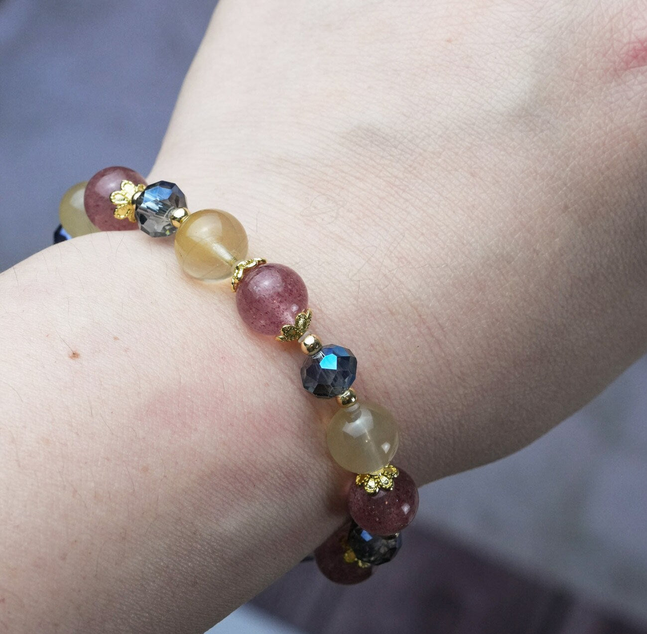 Precious Gemstone Pink, Yellow & Blue Strawberry Quartz, Yellow Rutilated Quartz Handmade Original Design Bracelet