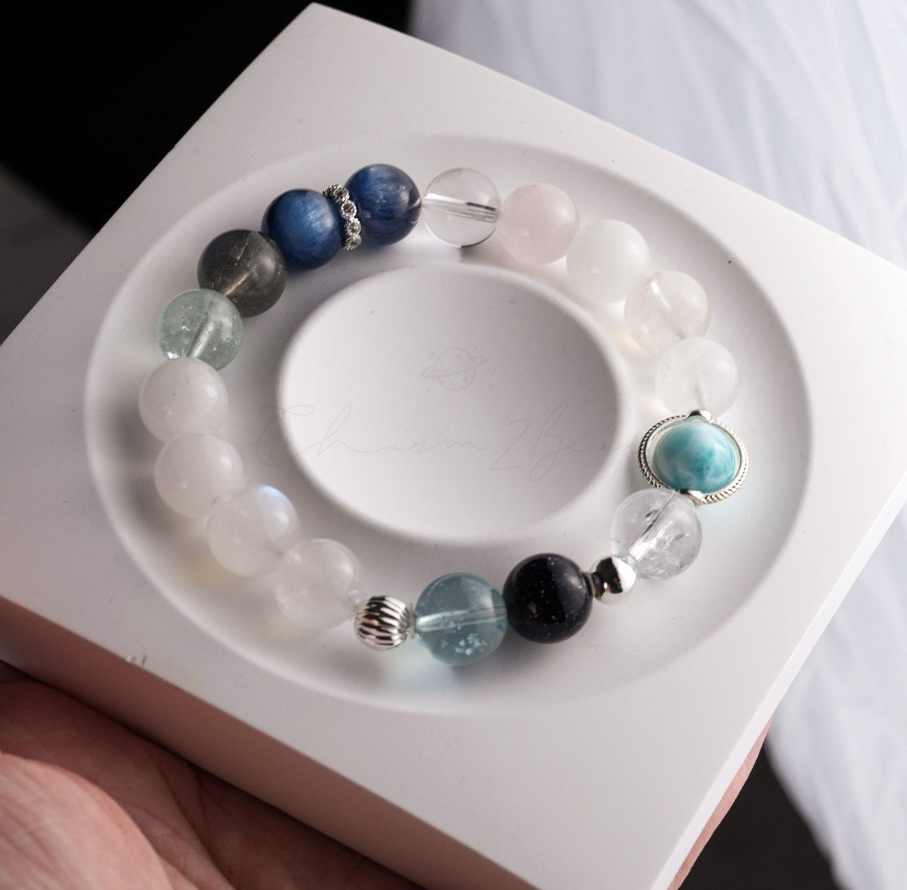 Precious Gemstone Blue & White Larimar, Aquamarine, Moonstone Handmade Original Design Bracelet