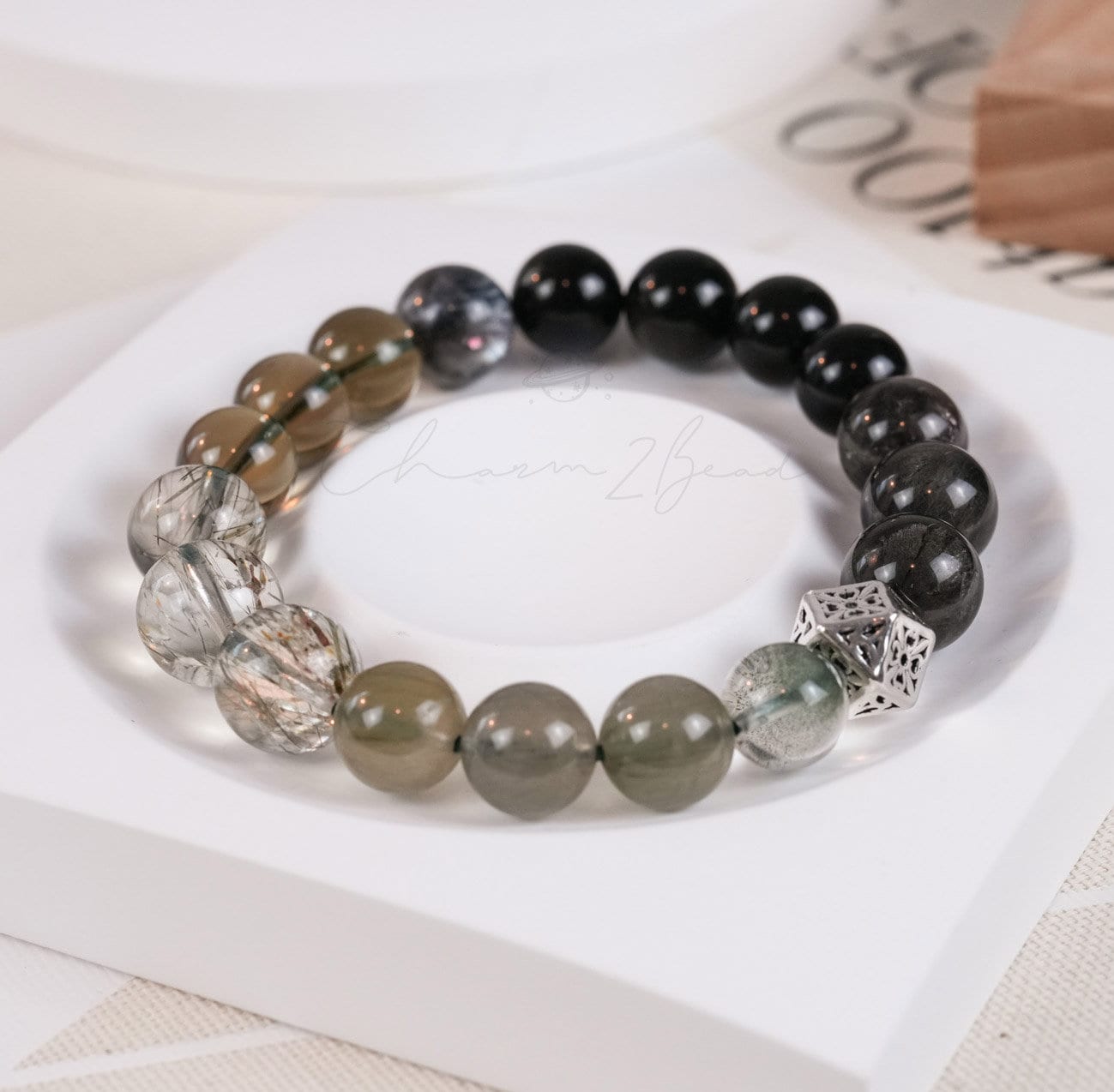 Precious Gemstone Dark Green & Black Powerful Combinations of Fortune Crystals Handmade Original Design Bracelet