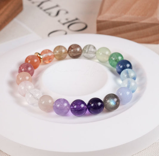 Precious Gemstone Healing Bracelet Rainbow Color, Amethyst, Quartz, Agate, Azeztulite, Aquamarine Handmade Original Design