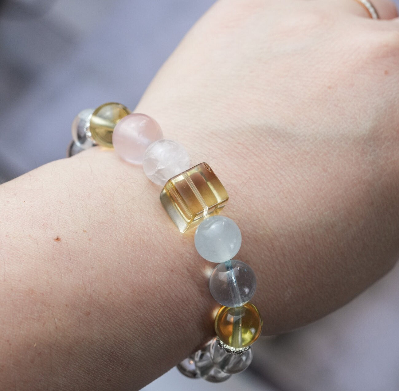 Precious Gemstone Clear Yellow Citrine Quartz, Clear Quartz, Rose Quartz, Aquamarine, Morganite Handmade Original Design Bracelet