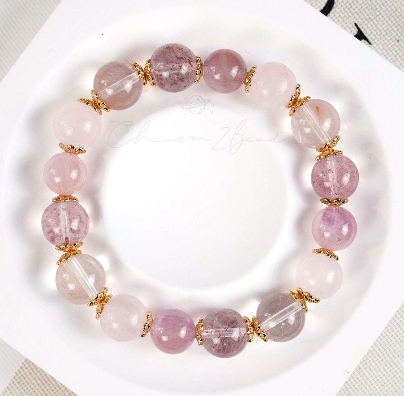 Precious Gemstone Pink & Gold Rose quartz, Strawberry Quartz, Azeztulite, Rutilated Quartz Handmade Original Design Bracelet