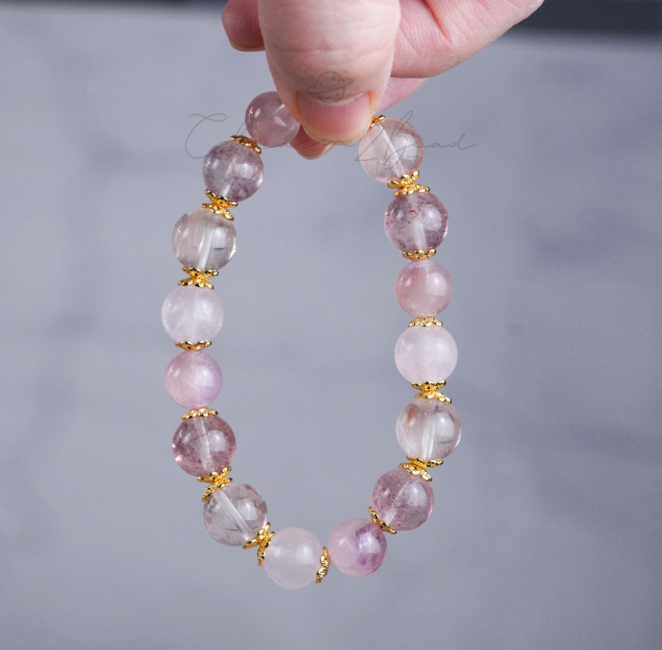 Precious Gemstone Pink & Gold Rose quartz, Strawberry Quartz, Azeztulite, Rutilated Quartz Handmade Original Design Bracelet