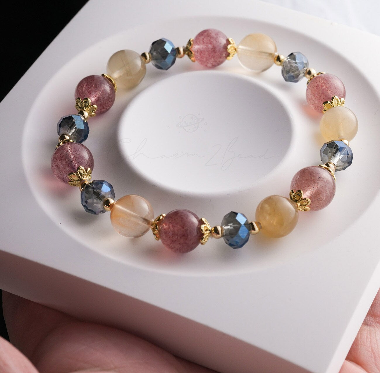 Precious Gemstone Pink, Yellow & Blue Strawberry Quartz, Yellow Rutilated Quartz Handmade Original Design Bracelet