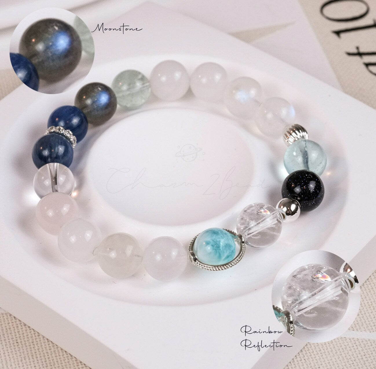 Precious Gemstone Blue & White Larimar, Aquamarine, Moonstone Handmade Original Design Bracelet