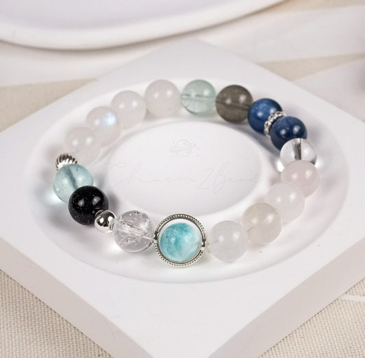 Precious Gemstone Blue & White Larimar, Aquamarine, Moonstone Handmade Original Design Bracelet