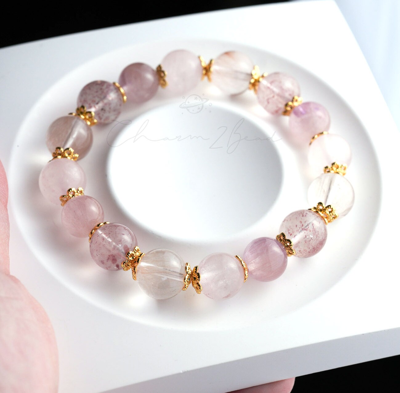 Precious Gemstone Pink & Gold Rose quartz, Strawberry Quartz, Azeztulite, Rutilated Quartz Handmade Original Design Bracelet