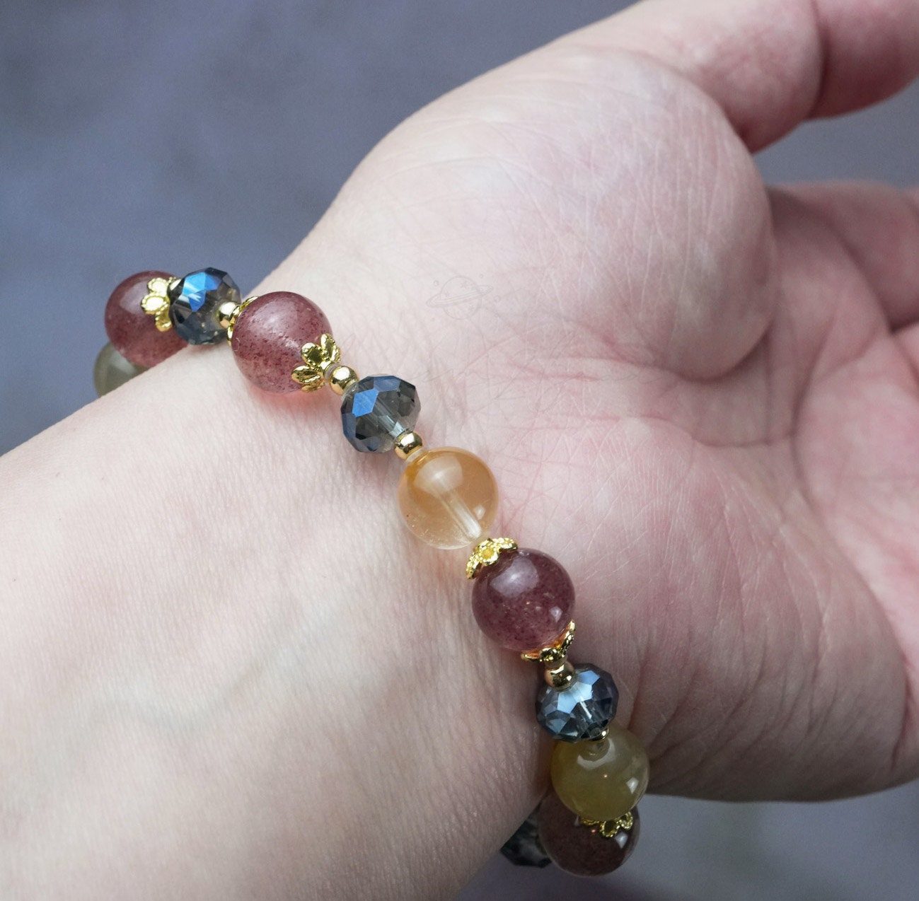 Precious Gemstone Pink, Yellow & Blue Strawberry Quartz, Yellow Rutilated Quartz Handmade Original Design Bracelet