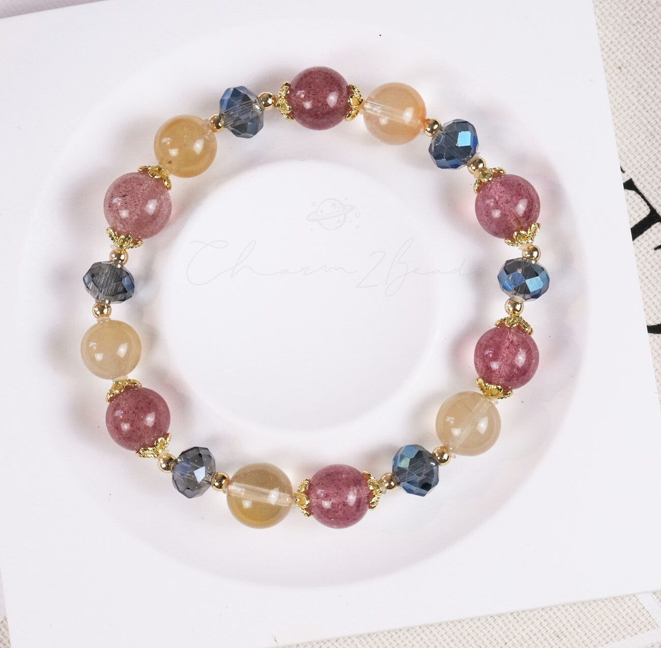 Precious Gemstone Pink, Yellow & Blue Strawberry Quartz, Yellow Rutilated Quartz Handmade Original Design Bracelet